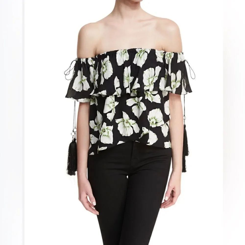 Cinq a Sept orchid khalia off the shoulder silk top with tassels XS